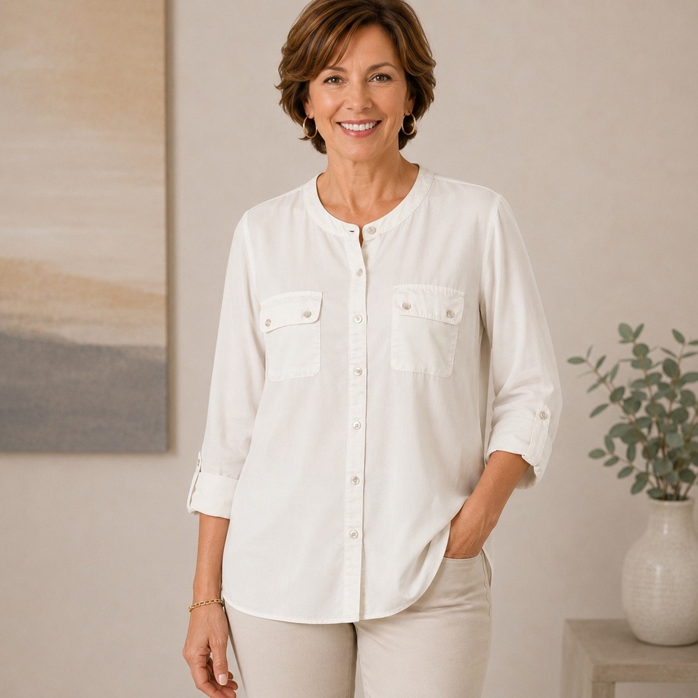 Chico's Size 2 White Button Front Blouse Roll Tab Sleeve Utility Career Shirt L